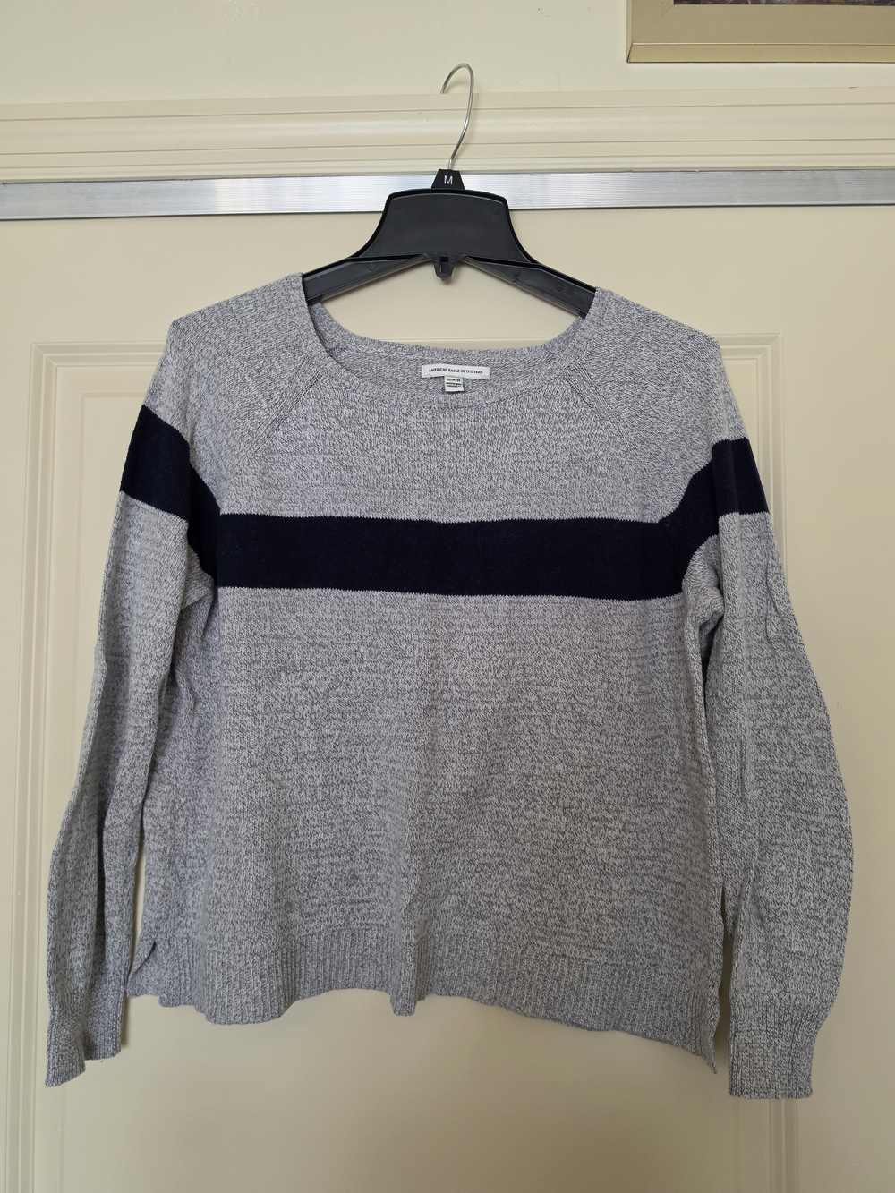 American Eagle Outfitters Gray Crewneck Sweater with Navy Stripe